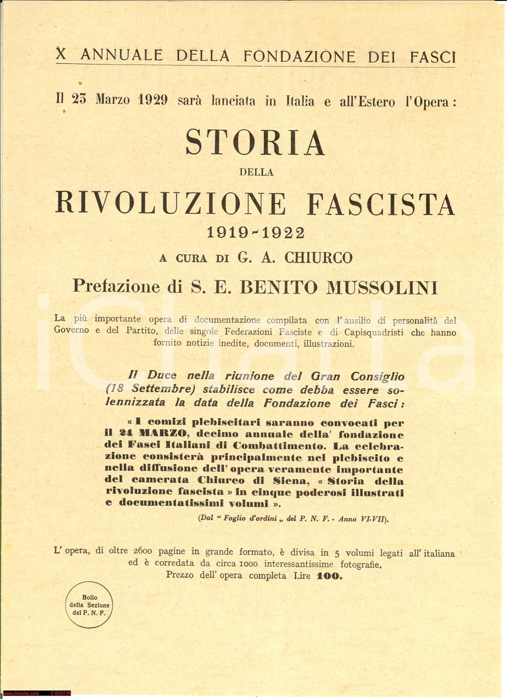 Materiale pubblicitario d’epoca 1929 ROMA Storia Rivoluzione Fascista - Prefazione MUSSOLINI 1