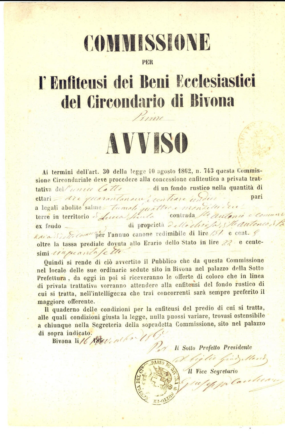 Documento originale, autentico 1865 LUCCA SICULA Affitto fondo rustico Chiesa SANT ANTONIO da PADOVA 1