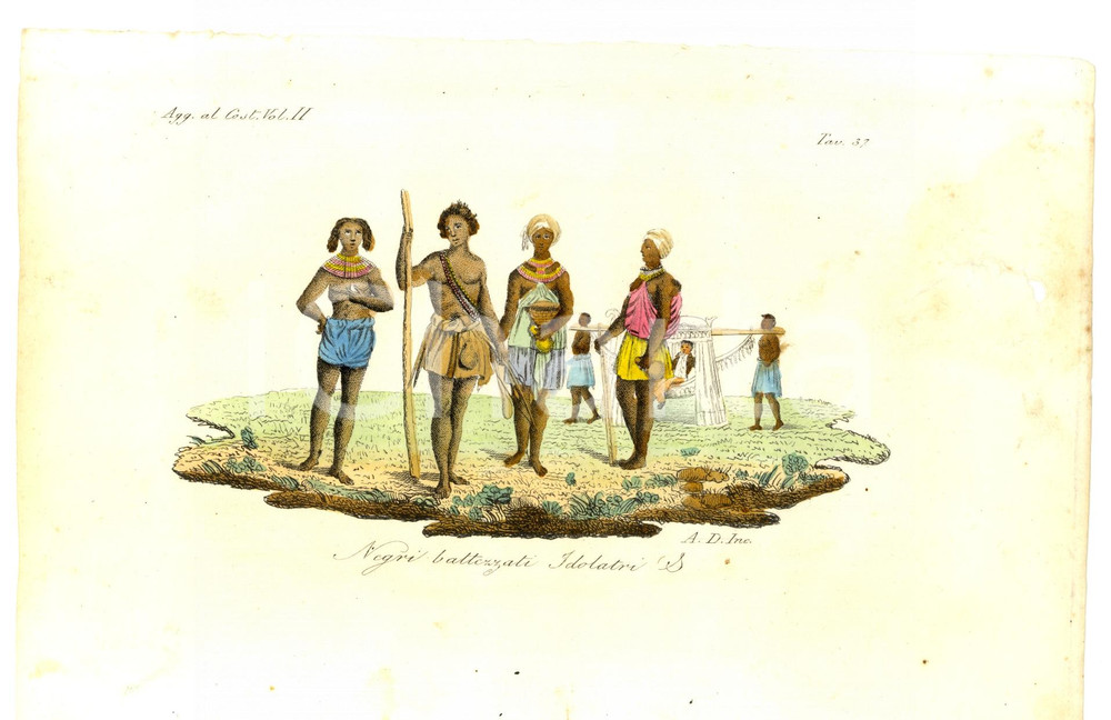 Stampa, bozzetto originale 1834 ANTROPOLOGIA Abitanti isola GUEBE  Inc. CAROCCI 1