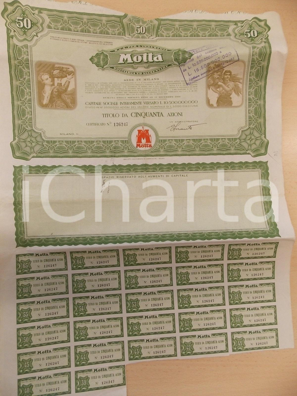 Oggetto da collezione cartaceo 1969 MILANO MOTTA dolciaria ed alimentare Titolo da 50 azioni con cedole 1