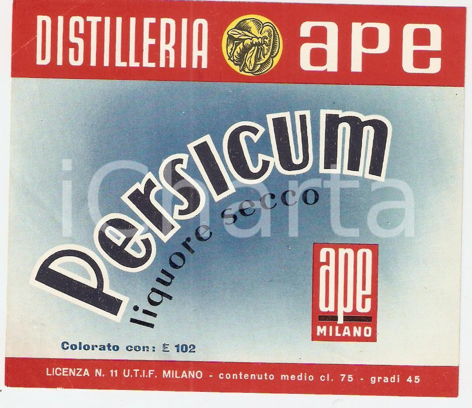 Materiale pubblicitario d’epoca 1970 ca MILANO Distilleria APE Liquore secco PERSICUM  Etichetta 1