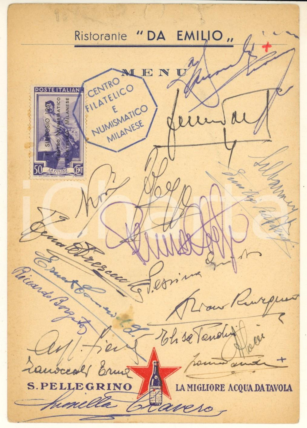 1957 MILANO Menù ristorante DA EMILIO - AUTOGRAFI Circolo Filatelico Milanese Menù originale d'epoca, non compilato, con pubblicità dell'acqua S. Pellegrino.E' stato autografato dai membri del Centro Filatelico e Numismatico Milanese che avevano partecipato a una cena. Vi si trovano i nomi di noti collezionisti, quali Riccardo Borgato e Enzo Lucifero Di Federico. FAIR/discreto gualciture marginali, con piegature e piccoli strappi Formato: 13x18 cm  originale e autentica 1