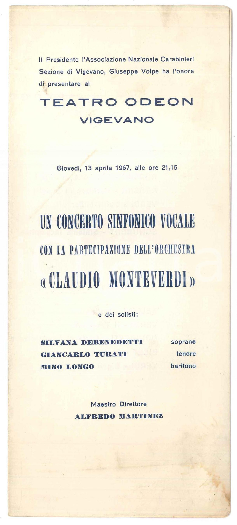 Oggetto da collezione cartaceo 1967 VIGEVANO Odeon  Concerto Orchestra Claudio Monteverdi  Programma 4 1