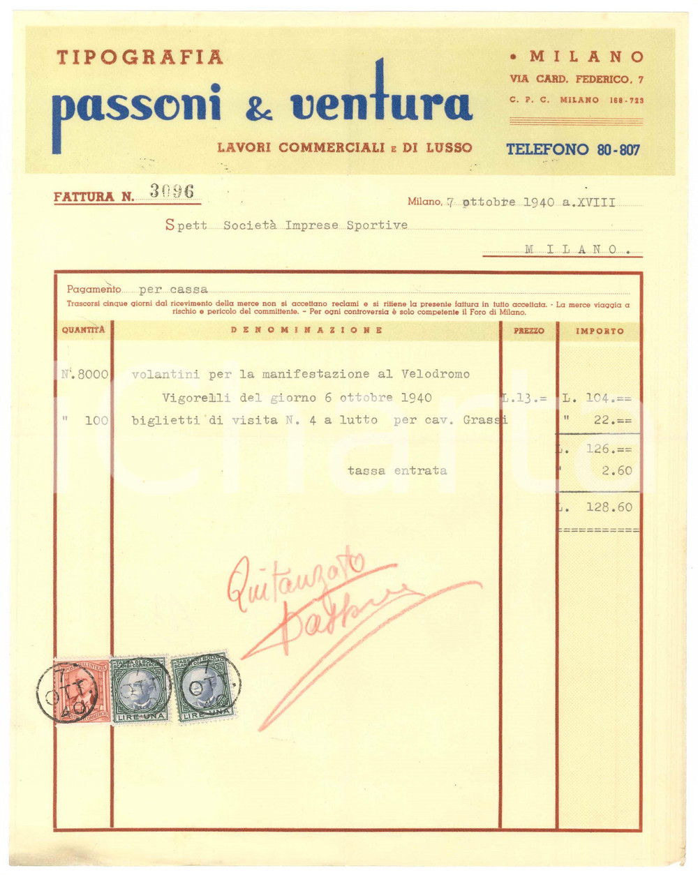 Documento originale, autentico 1940 MILANO Tipografi PASSONI & VENTURA Fattura volantini Velodromo VIGORELLI 3 1