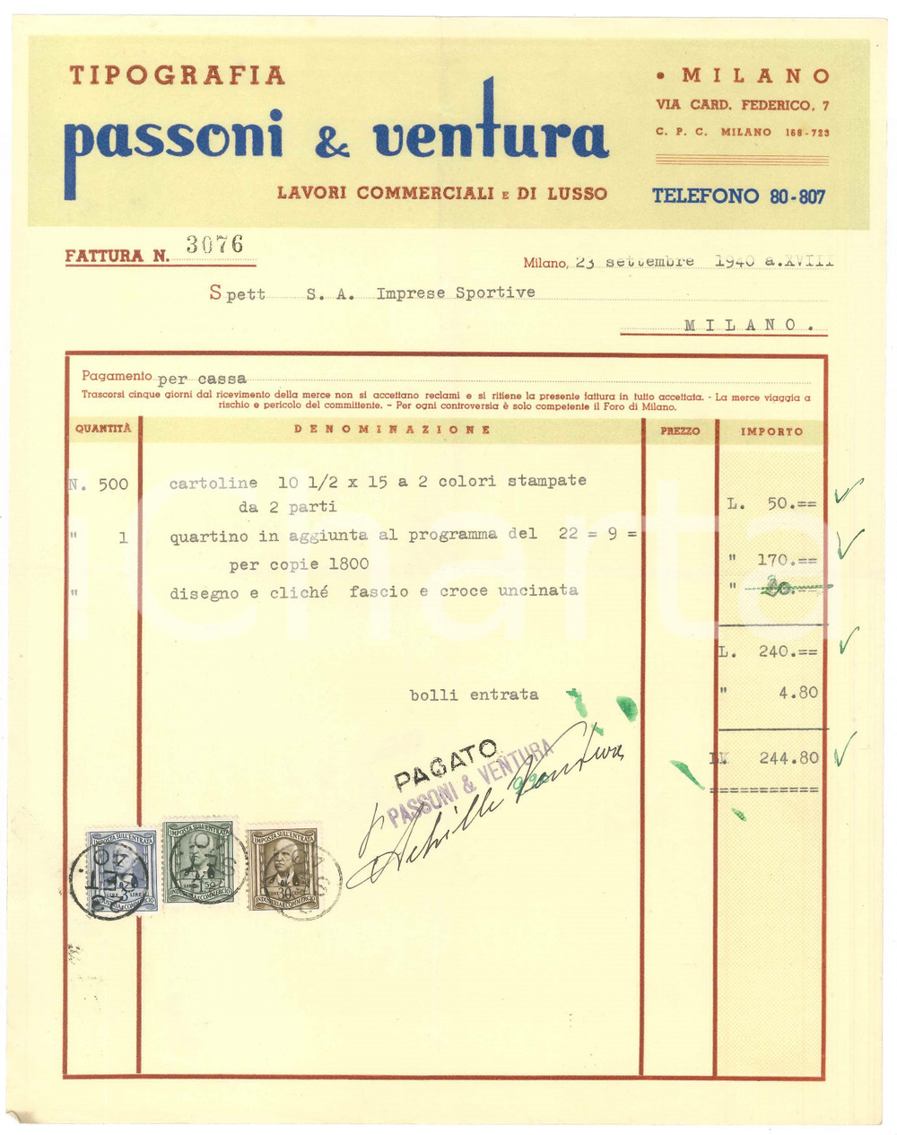 Documento originale, autentico 1940 MILANO Tipografi PASSONI & VENTURA Fattura volantini Velodromo VIGORELLI 4 1
