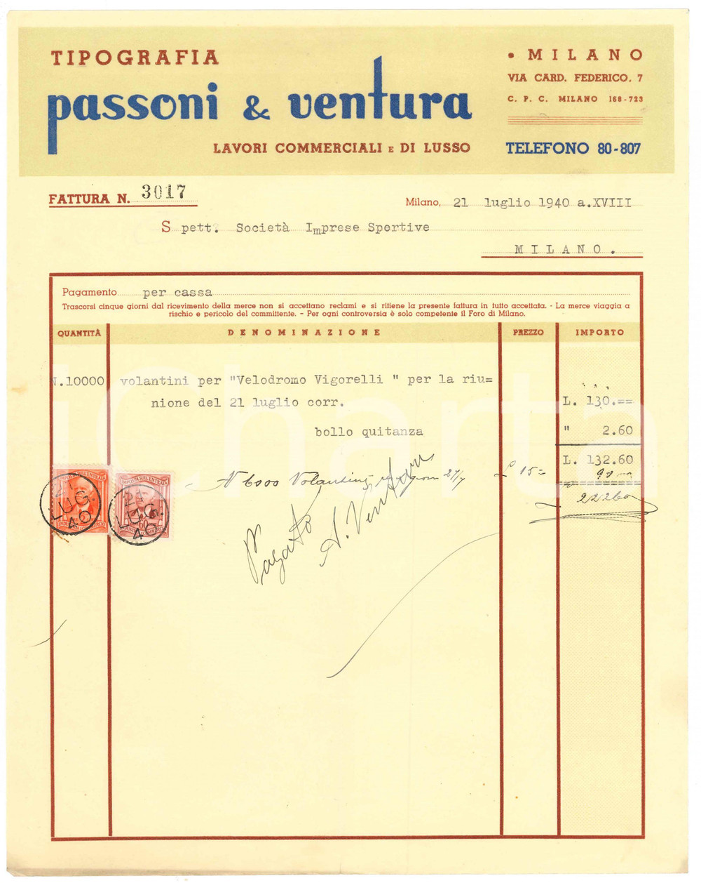 Documento originale, autentico 1940 MILANO Tipografi PASSONI & VENTURA Fattura volantini Velodromo VIGORELLI 5 1