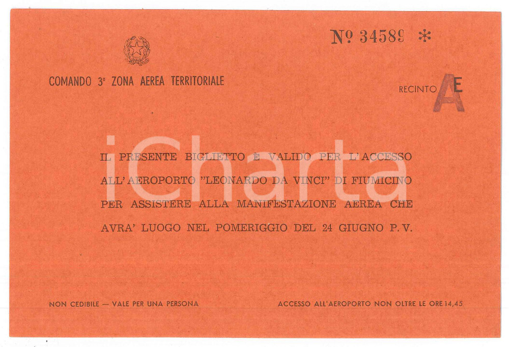 Oggetto da collezione cartaceo 1965 ca FIUMICINO AEROPORTO  Biglietto di accesso a manifestazione aerea 3 1