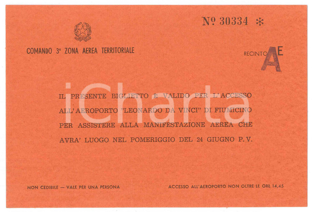 Oggetto da collezione cartaceo 1965 ca FIUMICINO AEROPORTO  Biglietto di accesso a manifestazione aerea 1 1