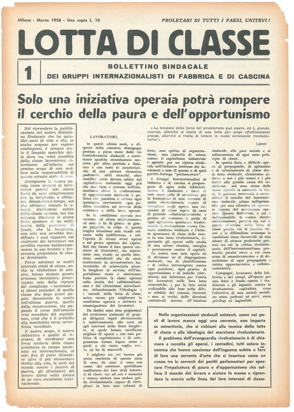 Giornale, rivista storica 1958 MILANO LOTTA DI CLASSE  Iniziativa operaia contro la paura Bollettino 12 1