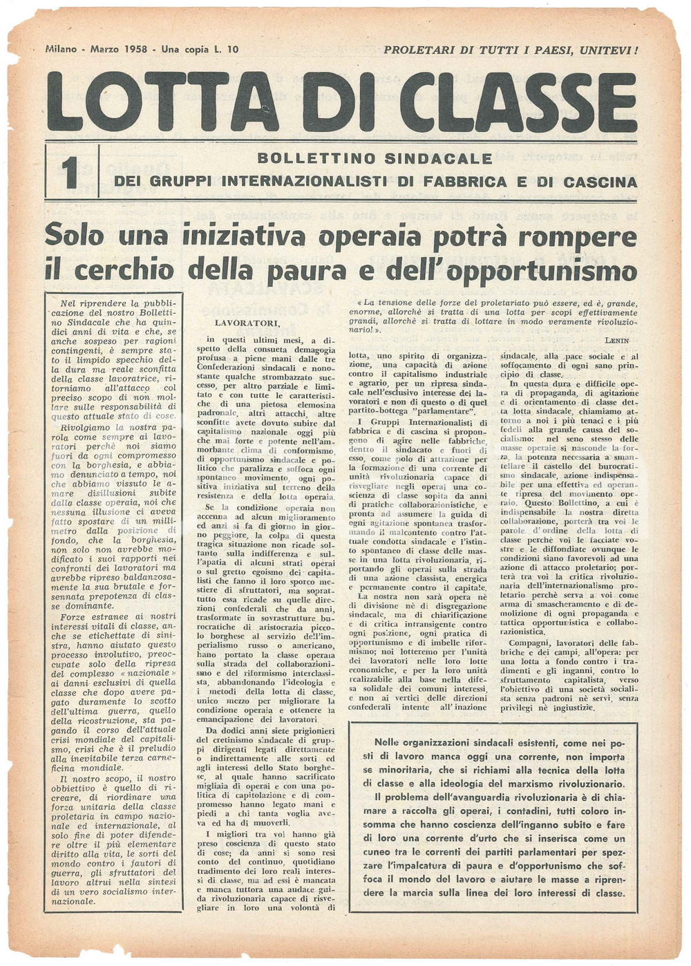 Giornale, rivista storica 1958 MILANO LOTTA DI CLASSE  Iniziativa operaia contro la paura Bollettino 11 1