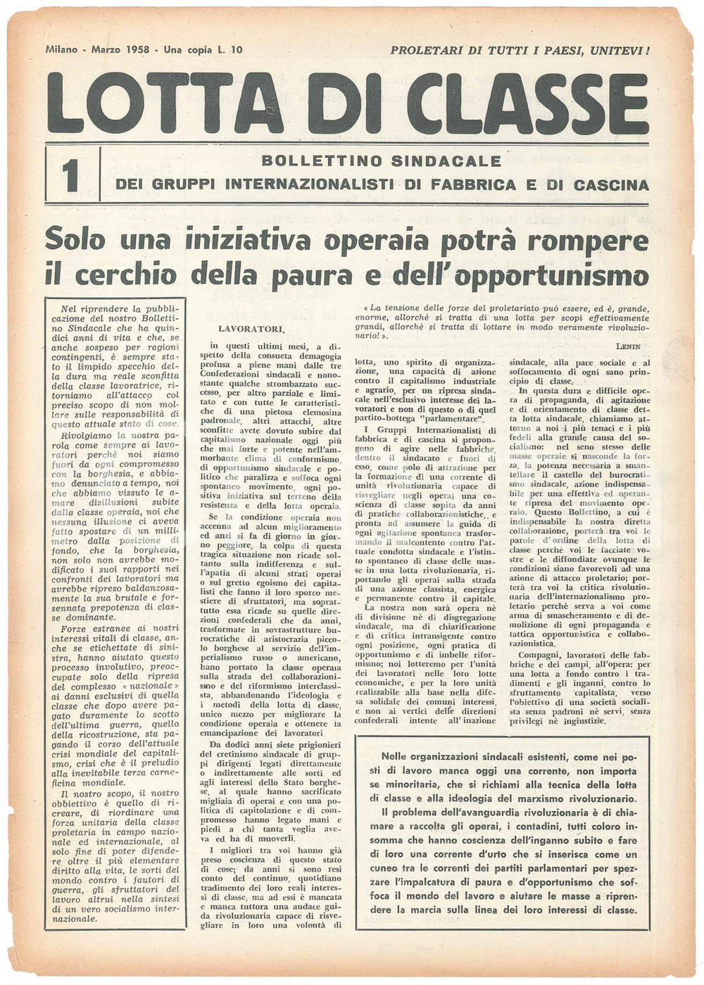 Giornale, rivista storica 1958 MILANO LOTTA DI CLASSE  Iniziativa operaia contro la paura Bollettino 13 1