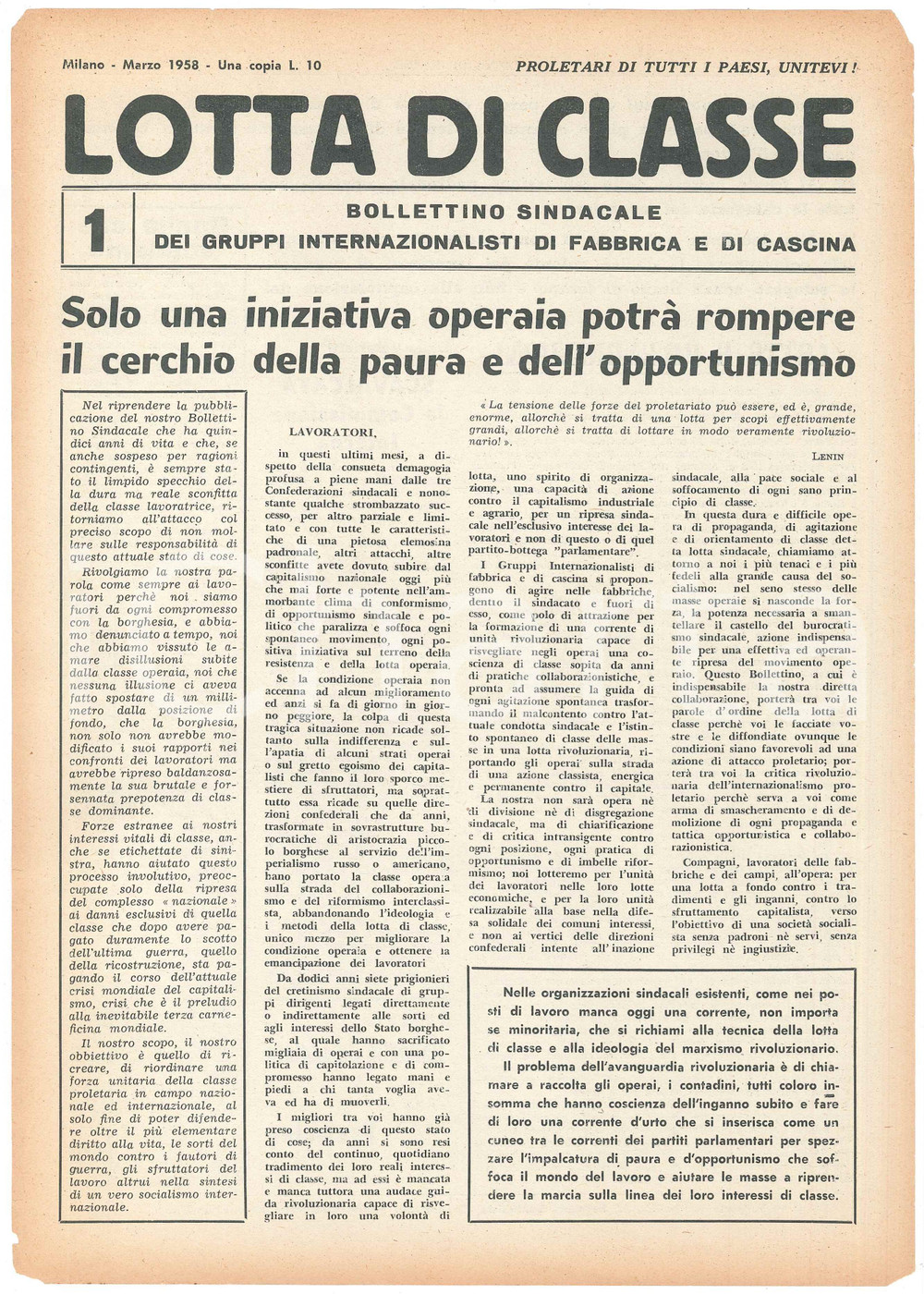 Giornale, rivista storica 1958 MILANO  LOTTA DI CLASSE  Iniziativa operaia contro la paura Bollettino 4 1