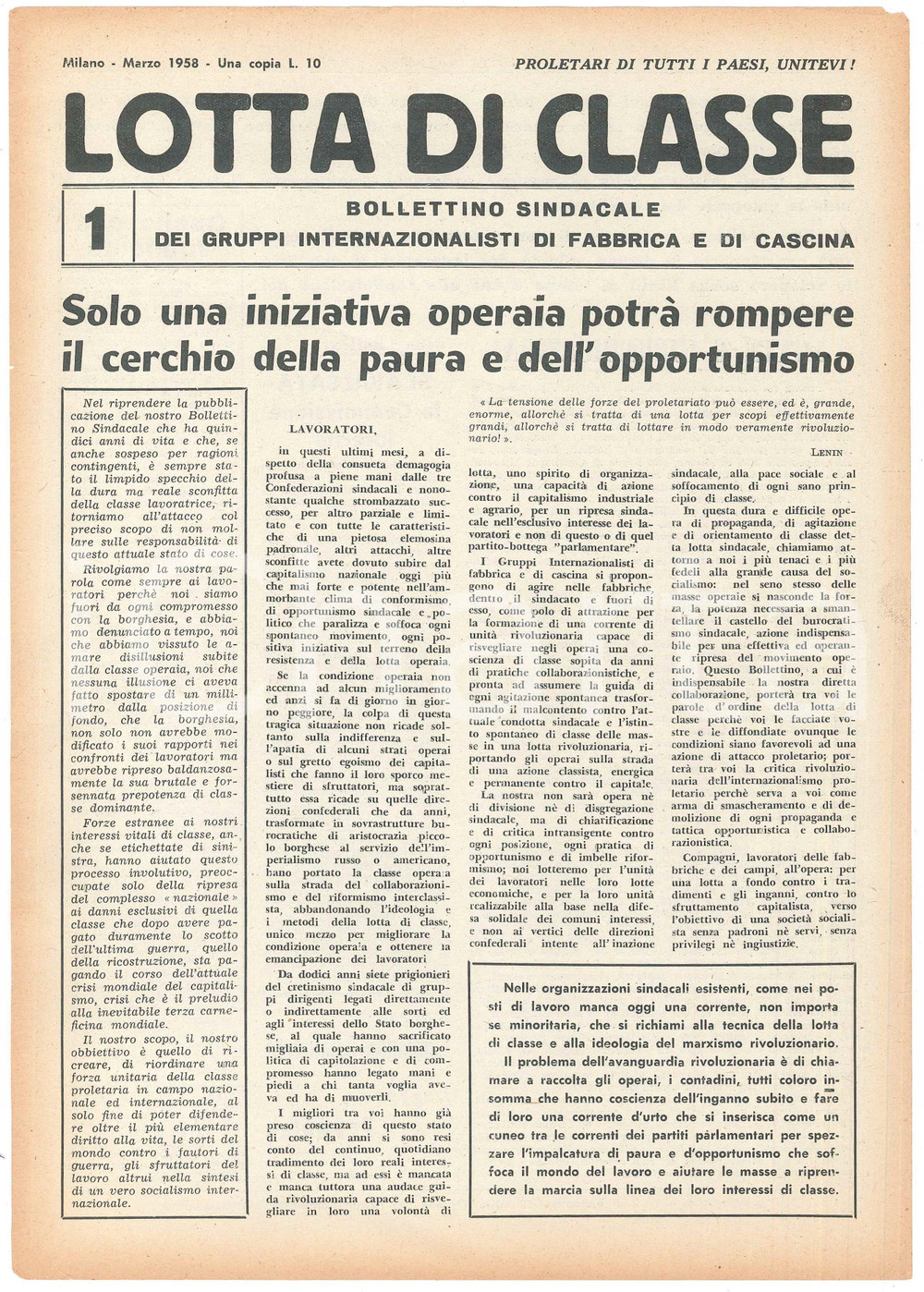 Giornale, rivista storica 1958 MILANO  LOTTA DI CLASSE  Iniziativa operaia contro la paura Bollettino 6 1