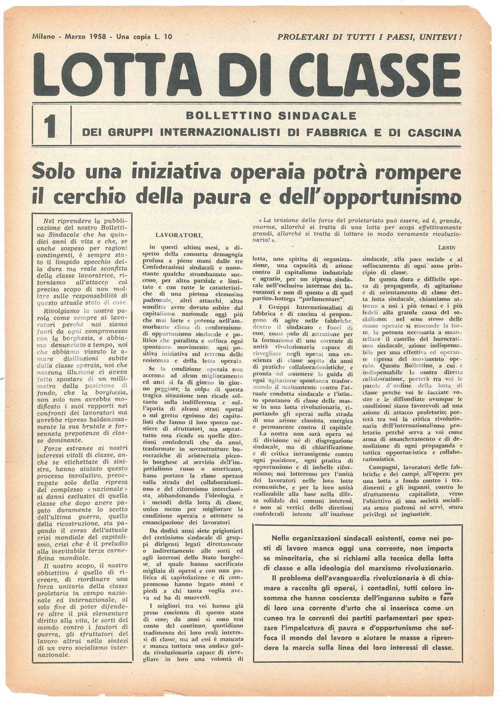Giornale, rivista storica 1958 MILANO  LOTTA DI CLASSE  Iniziativa operaia contro la paura Bollettino 7 1