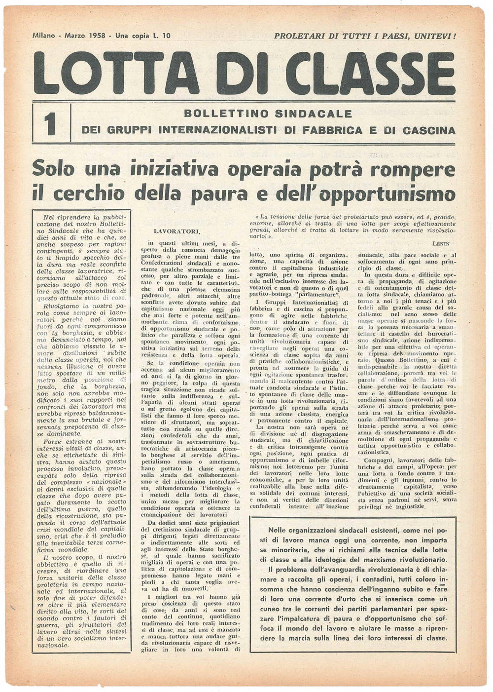 Giornale, rivista storica 1958 MILANO  LOTTA DI CLASSE  Iniziativa operaia contro la paura Bollettino 8 1