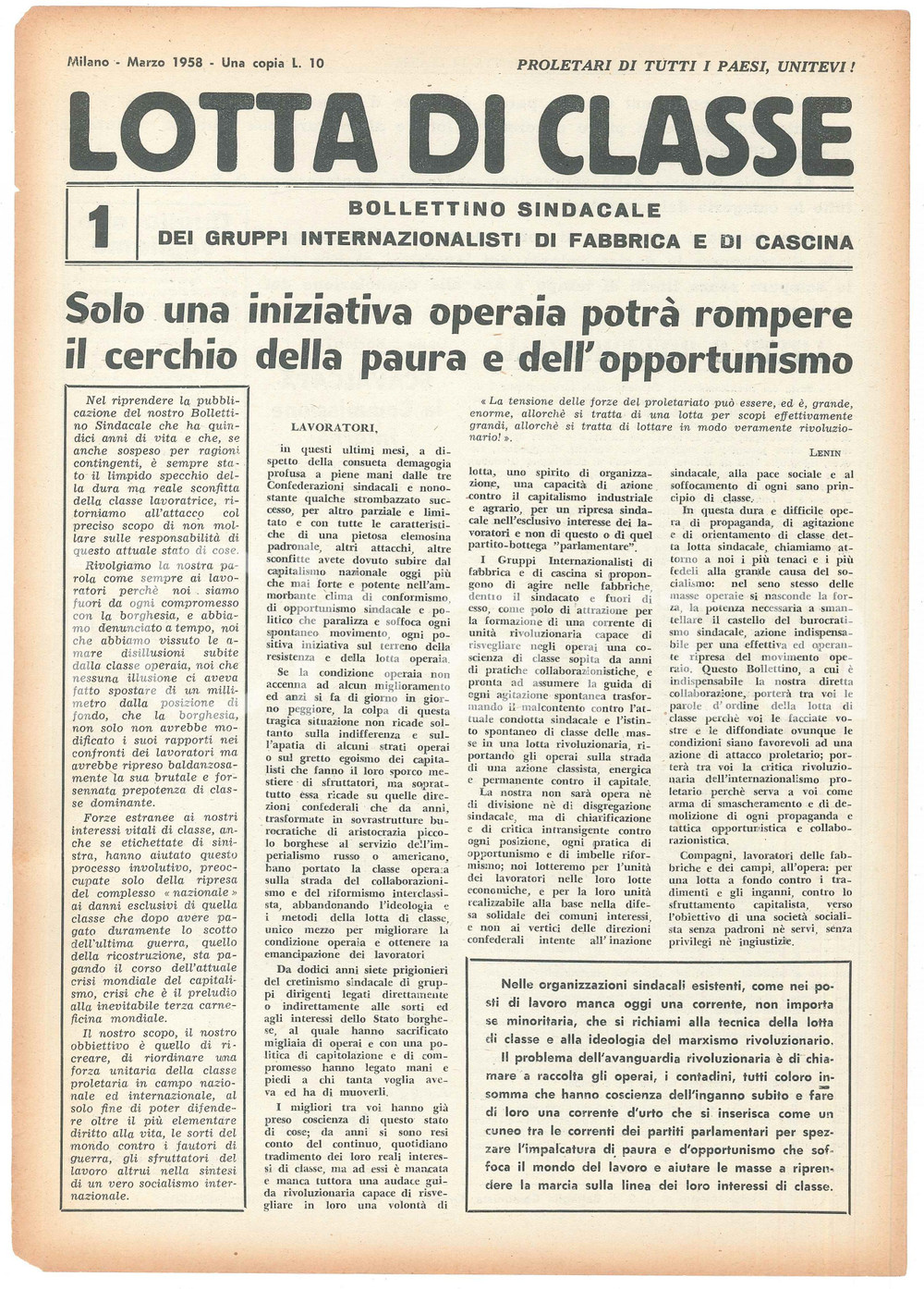 Giornale, rivista storica 1958 MILANO  LOTTA DI CLASSE  Iniziativa operaia contro la paura Bollettino 1 1