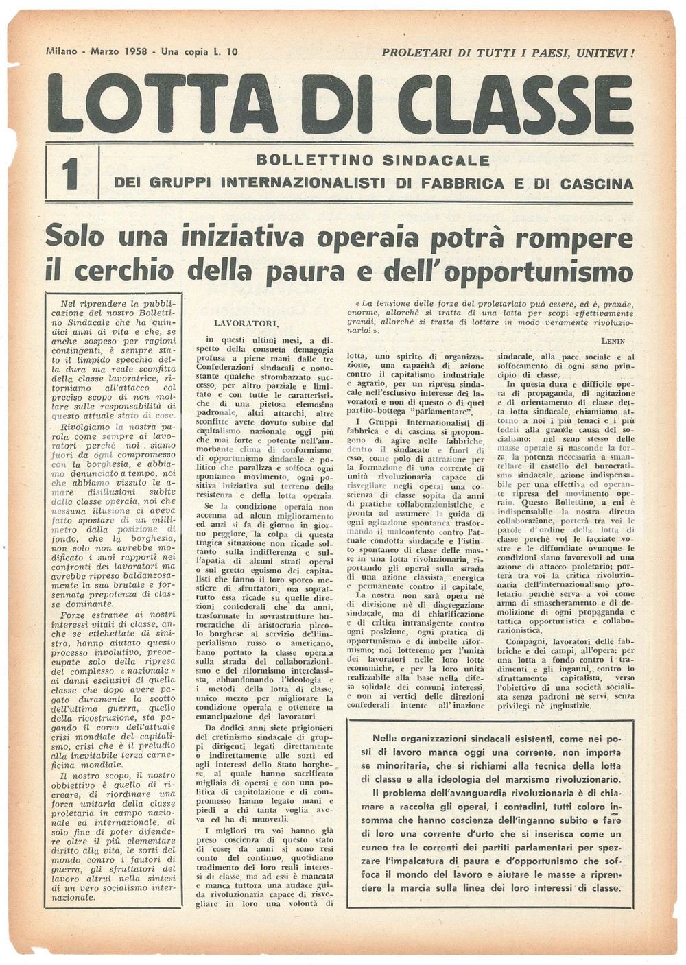 Giornale, rivista storica 1958 MILANO  LOTTA DI CLASSE  Iniziativa operaia contro la paura Bollettino 2 1