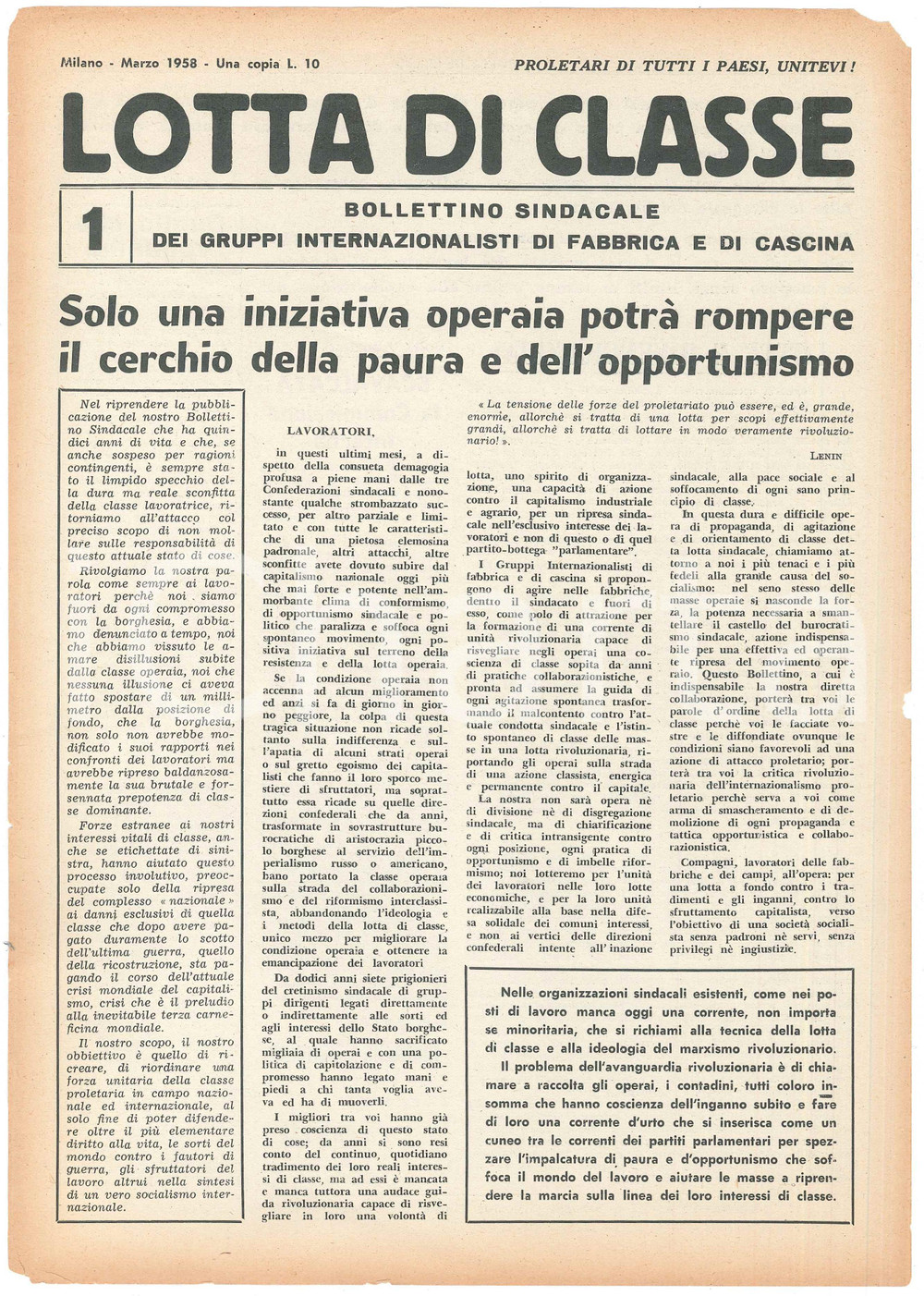 Giornale, rivista storica 1958 MILANO  LOTTA DI CLASSE  Iniziativa operaia contro la paura Bollettino 3 1