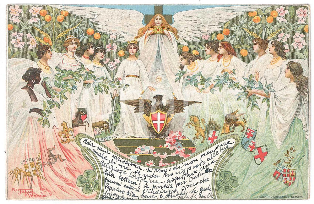 Cartolina originale da collezione 1901 Artista Raffaele TAFURI Nascita di Jolanda di Savoia Cartolina ILLUSTRATA 1