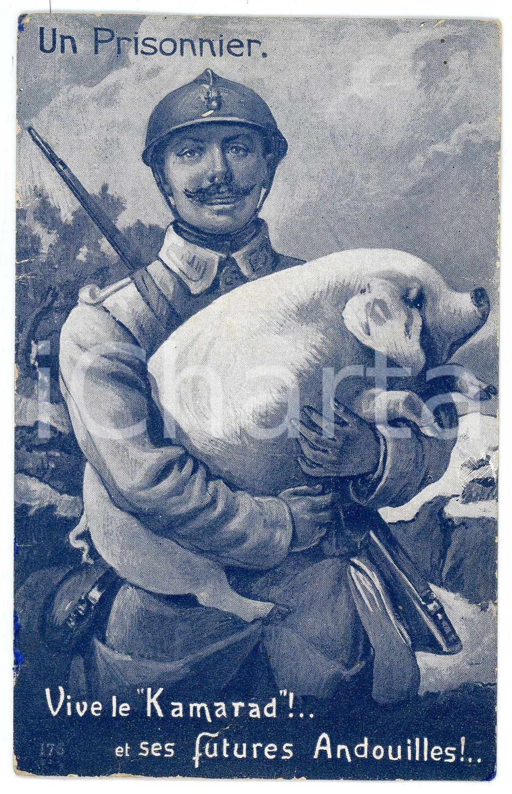 Cartolina originale da collezione 1915 ca WW1 Un Prisonnier  Vive le Kamarad  Soldier holding a pig Postcard 1