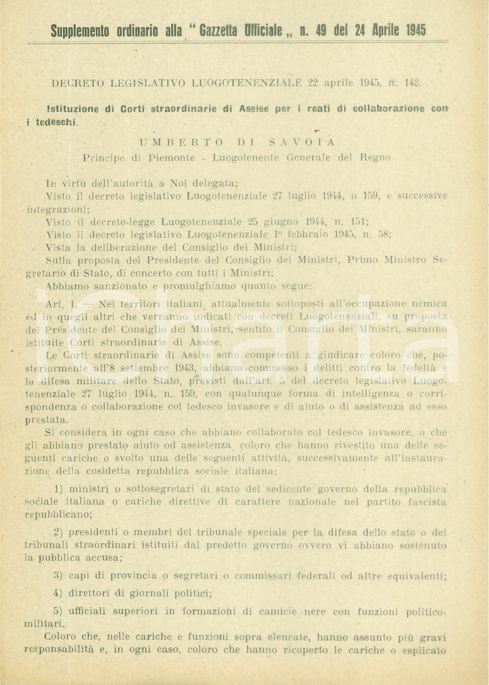 Documento originale, autentico 24 APRILE 1945 Corti straordinarie per reati collaborazione con tedeschi 3 1