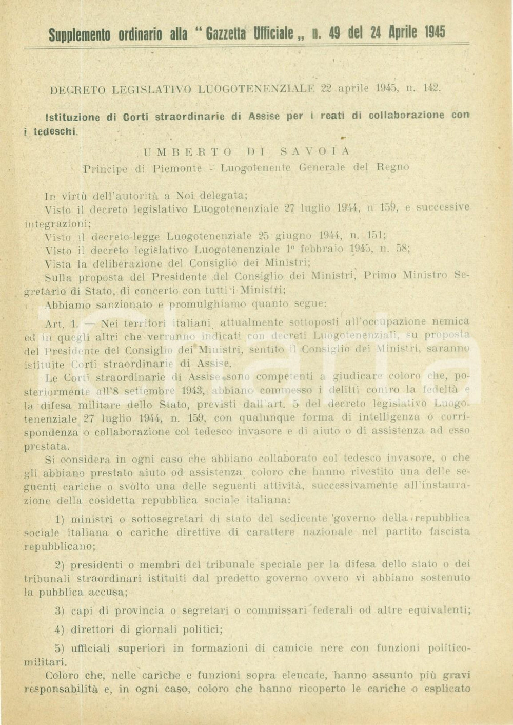 Documento originale, autentico 24 APRILE 1945 Corti straordinarie per reati collaborazione con tedeschi 4 1