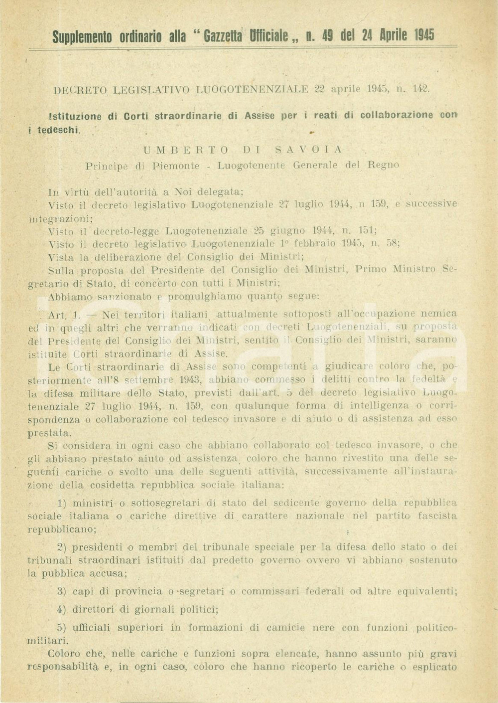 Documento originale, autentico 24 APRILE 1945 Corti straordinarie per reati collaborazione con tedeschi 5 1