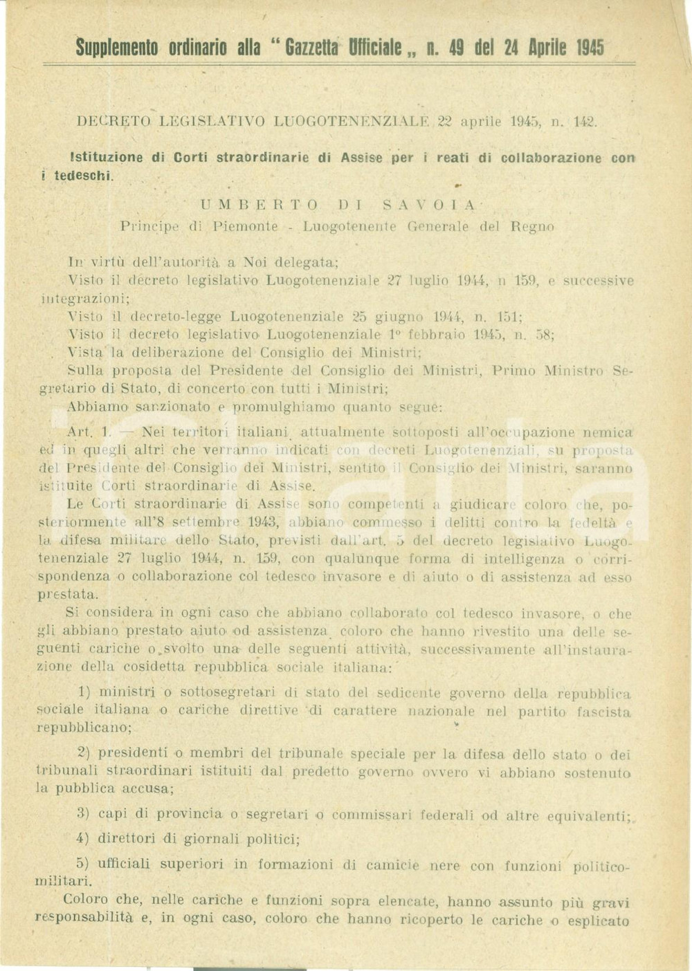 Documento originale, autentico 24 APRILE 1945 Corti straordinarie per reati collaborazione con tedeschi 2 1