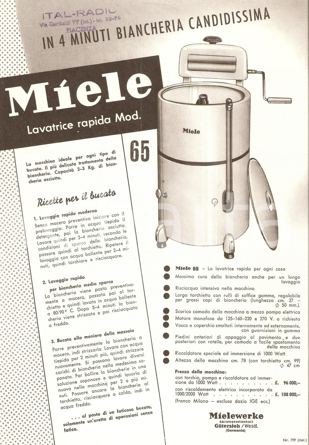 Materiale pubblicitario d’epoca 1955 ca GUTERSLOH Volantino MIELE Lavatrice Mod. 65 Pubblicità 3 1