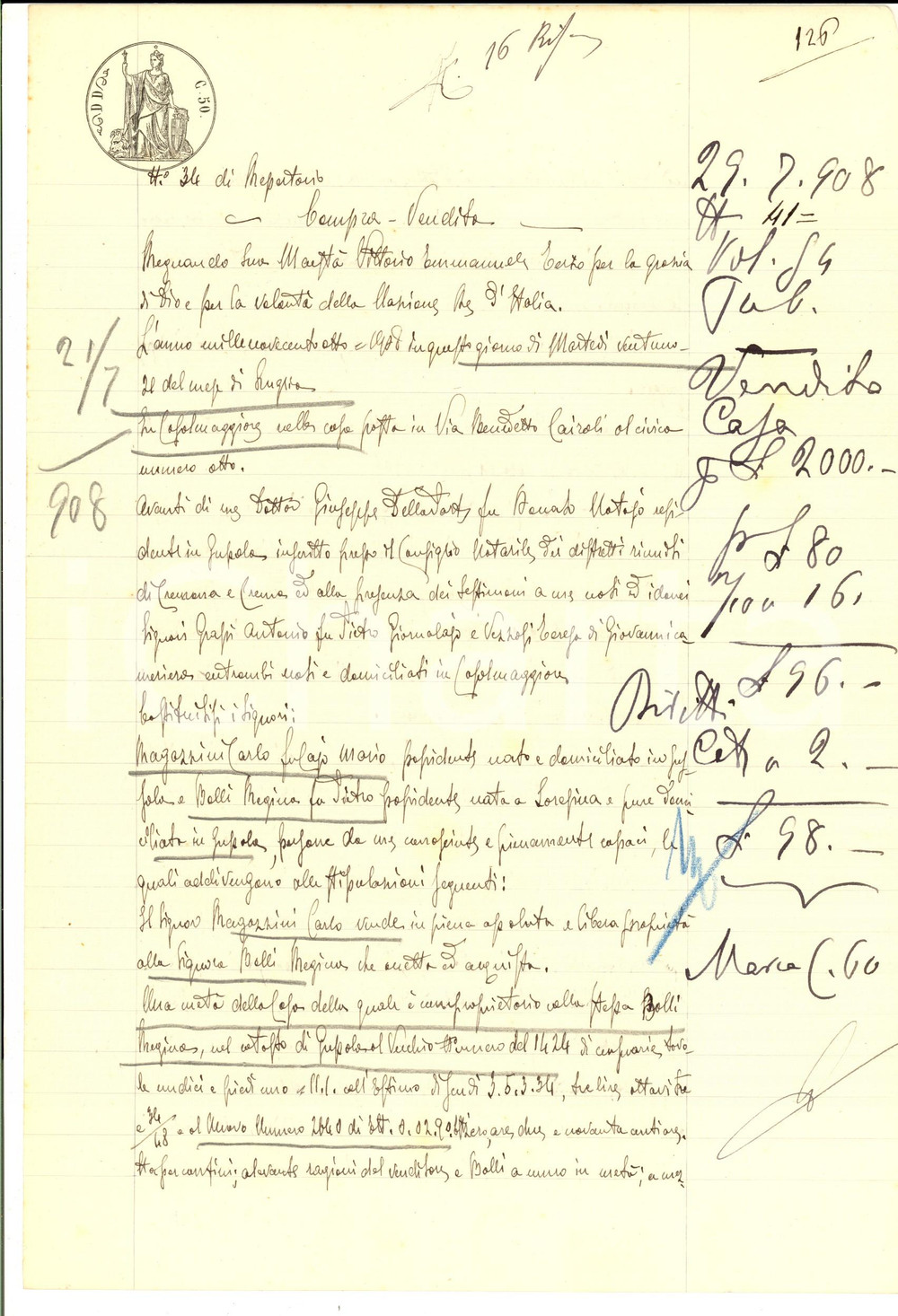 Documento originale, autentico 1908 GUSSOLA CR Regina BOLLI vende campo SAN LORENZO ad Angela PINONI 1