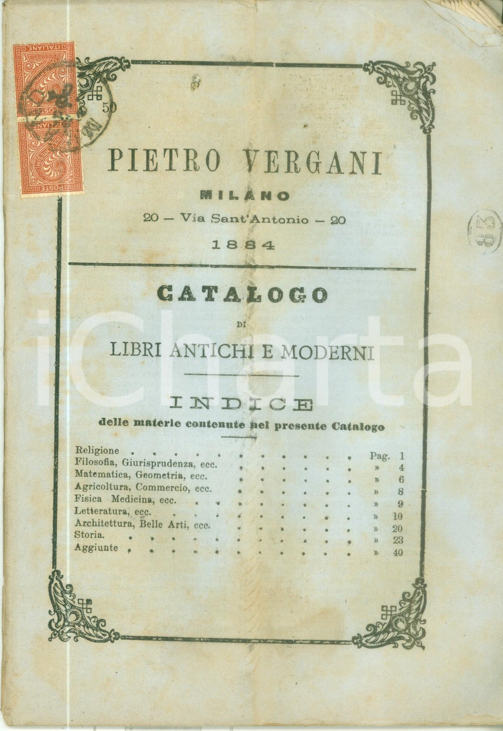 Libro, pubblicazione d epoca 1884 TORINO Libreria Pietro VERGANI Catalogo Libri antichi e moderni 1