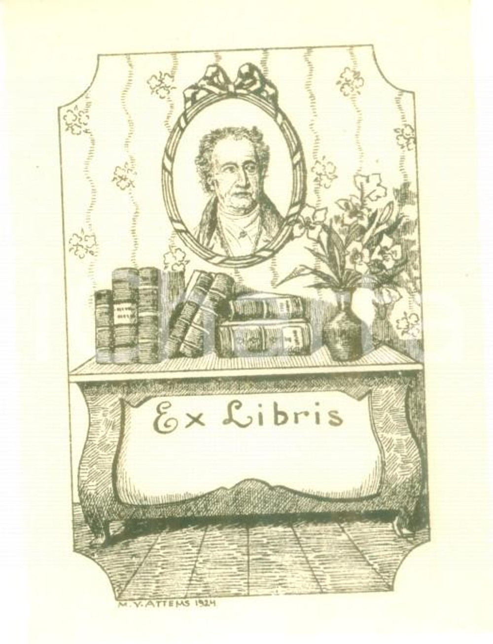 Oggetto da collezione cartaceo 1924 M.V. ATTEMS Ex Libris con ritratto di GOETHE cm 6 x 8 2 1