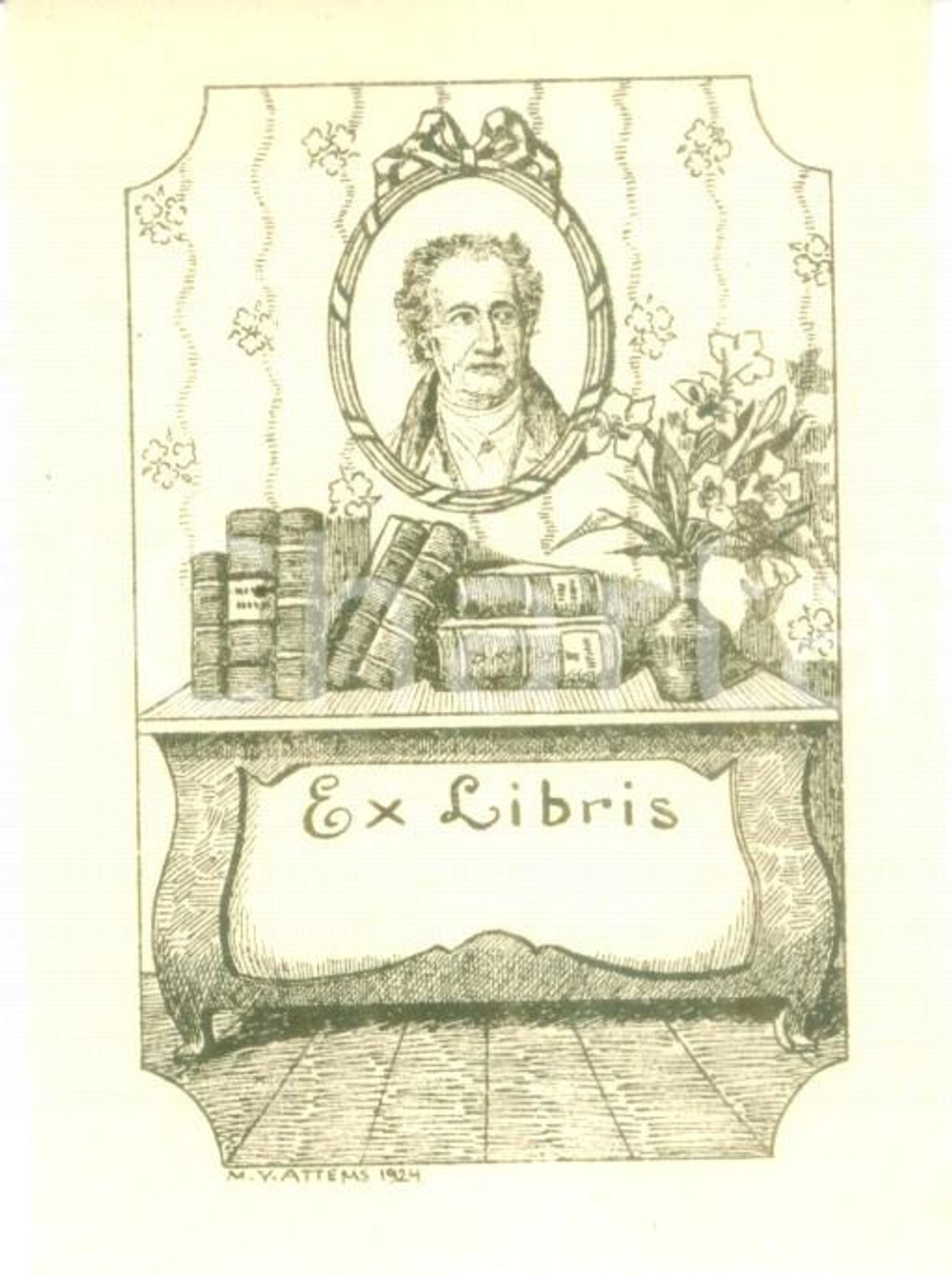 Oggetto da collezione cartaceo 1924 M.V. ATTEMS Ex Libris con ritratto di GOETHE cm 6 x 8 3 1