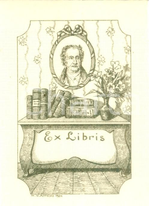 Oggetto da collezione cartaceo 1924 M.V. ATTEMS Ex Libris con ritratto di GOETHE cm 6 x 8 4 1