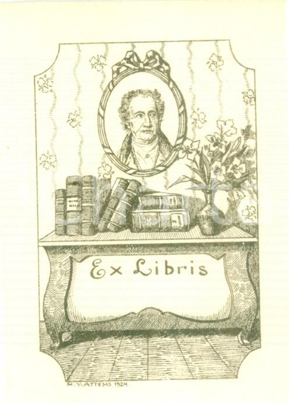 Oggetto da collezione cartaceo 1924 M.V. ATTEMS Ex Libris con ritratto di GOETHE cm 6 x 8 5 1