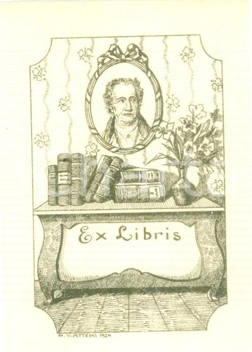 Oggetto da collezione cartaceo 1924 M.V. ATTEMS Ex Libris con ritratto di GOETHE cm 6 x 8 5 1