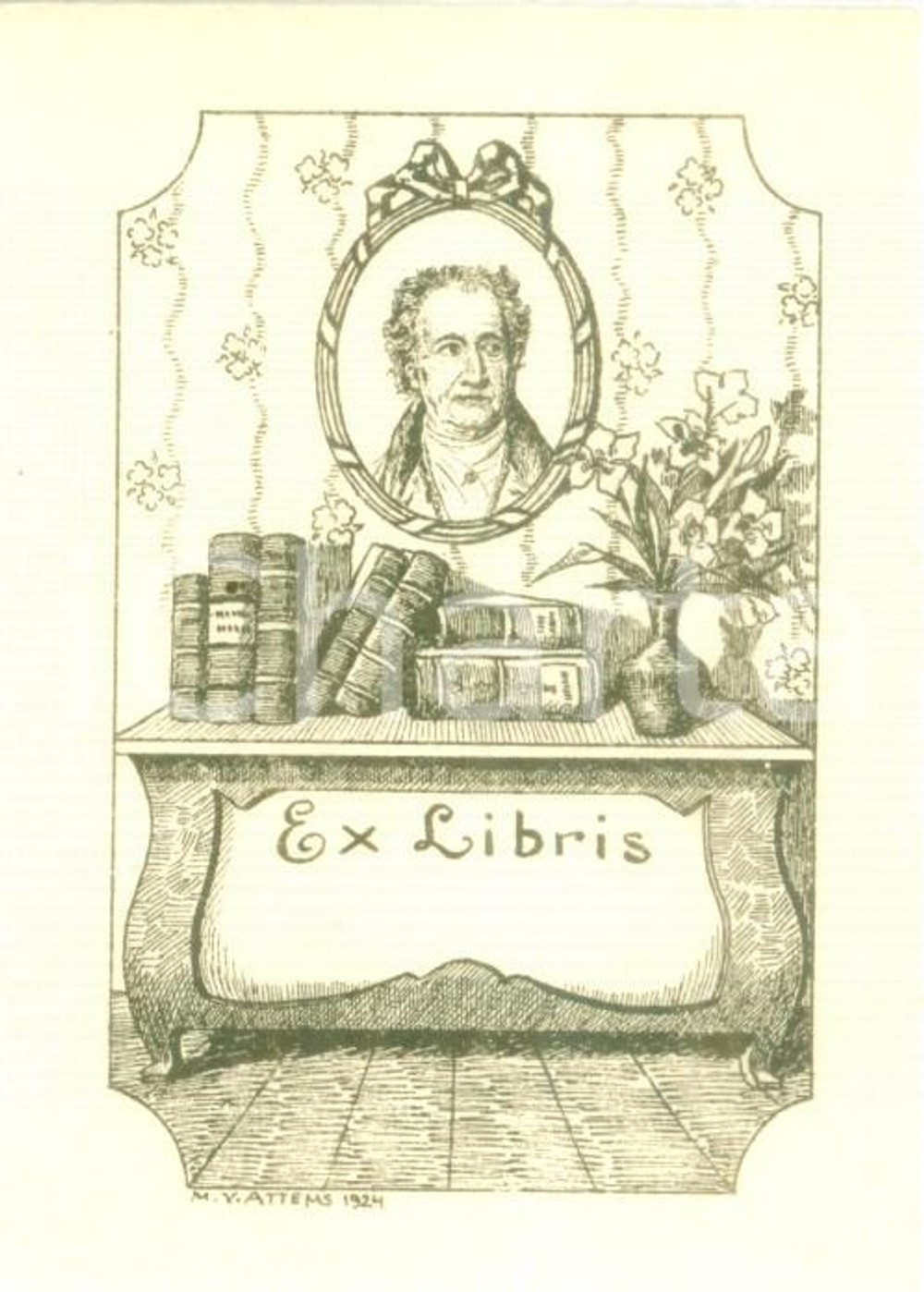 Oggetto da collezione cartaceo 1924 M.V. ATTEMS Ex Libris con ritratto di GOETHE cm 6 x 8 6 1