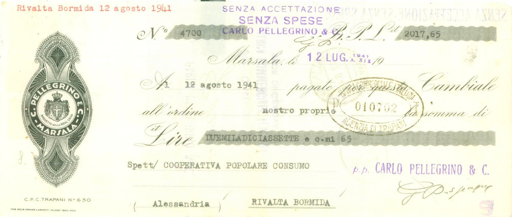 1941 MARSALA (TP) Ditta C. PELLEGRINO & C. vini *Cambiale pubblicitaria 2 CONDIZIONI: FAIR    originale e autentica 1