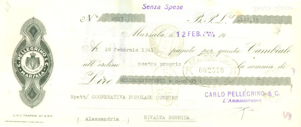 Documento originale, autentico 1941 MARSALA TP Ditta C. PELLEGRINO & C. vini Cambiale pubblicitaria 4 1