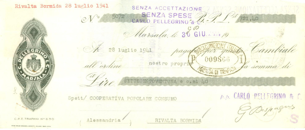 Documento originale, autentico 1941 MARSALA TP Ditta C. PELLEGRINO & C. vini Cambiale pubblicitaria 5 1