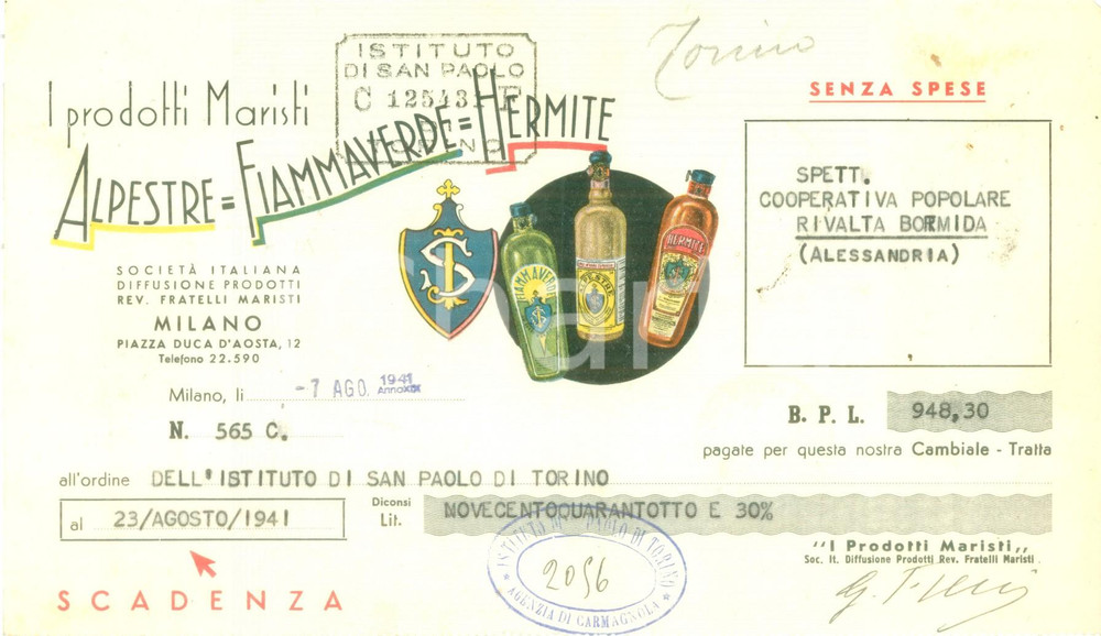 Documento originale, autentico 1941 CARMAGNOLA Prodotti MARISTI Alpestre Fiammaverde HERMITE Cambiale 1