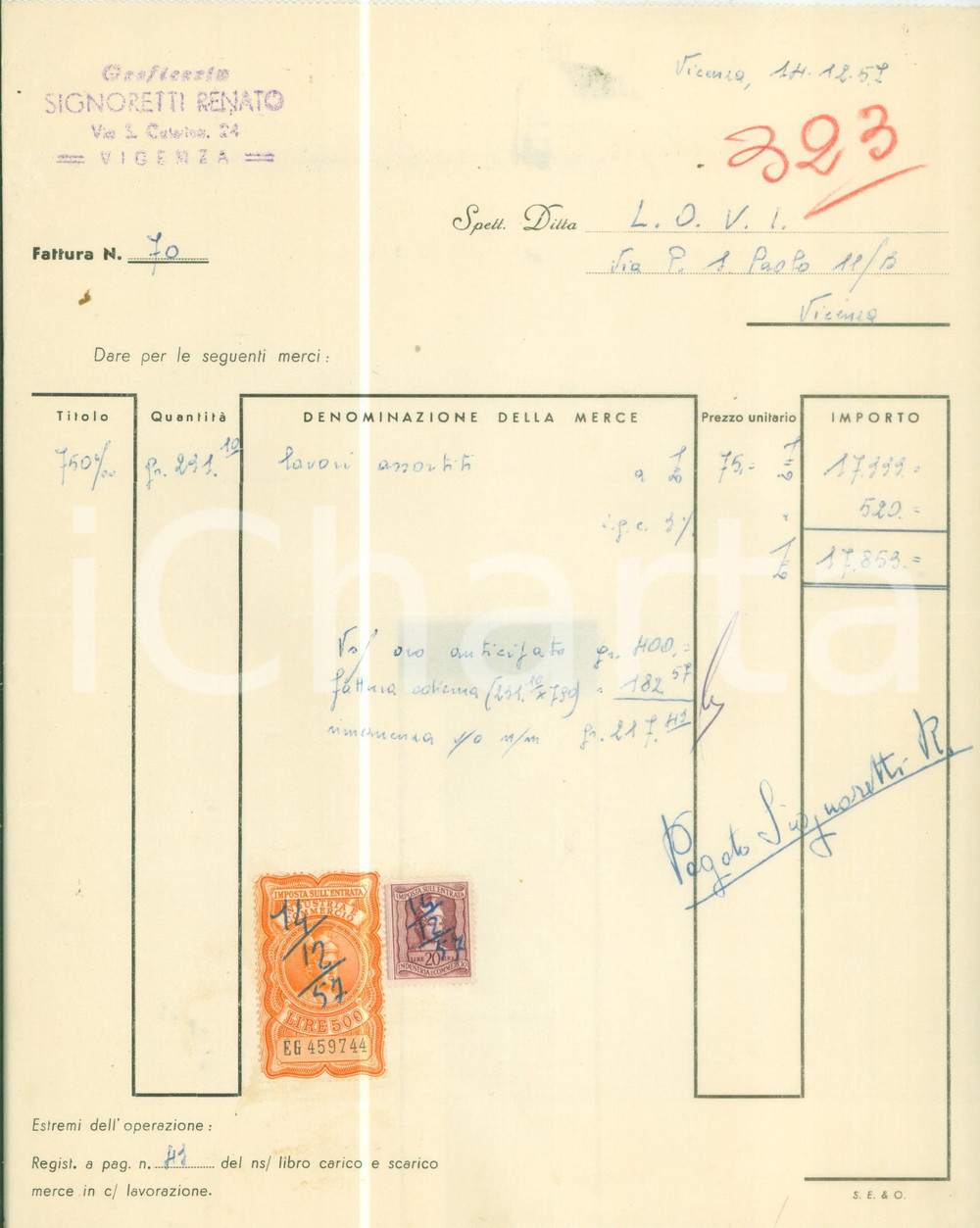 Documento originale, autentico 1957 VICENZA Renato SIGNORETTI Oreficeria Fattura commerciale 2 1