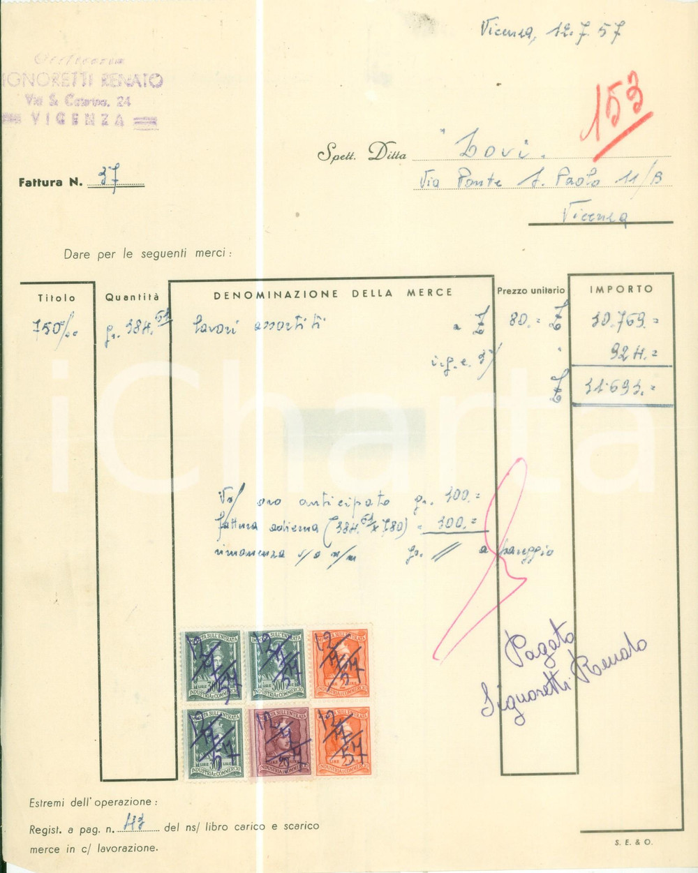 Documento originale, autentico 1957 VICENZA Renato SIGNORETTI Oreficeria Fattura commerciale 3 1