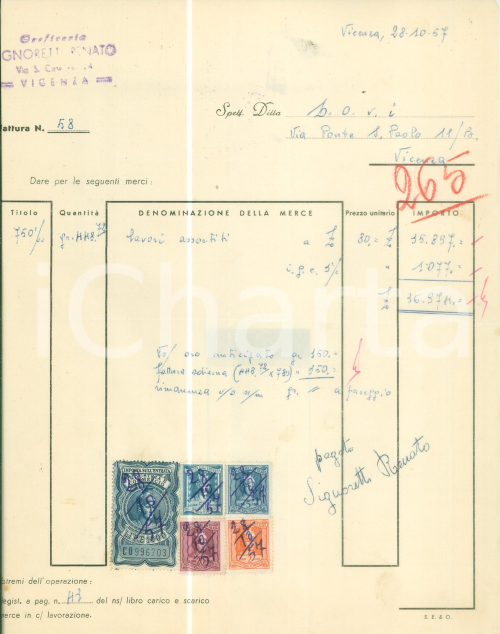 Documento originale, autentico 1957 VICENZA Renato SIGNORETTI Oreficeria Fattura commerciale 4 1