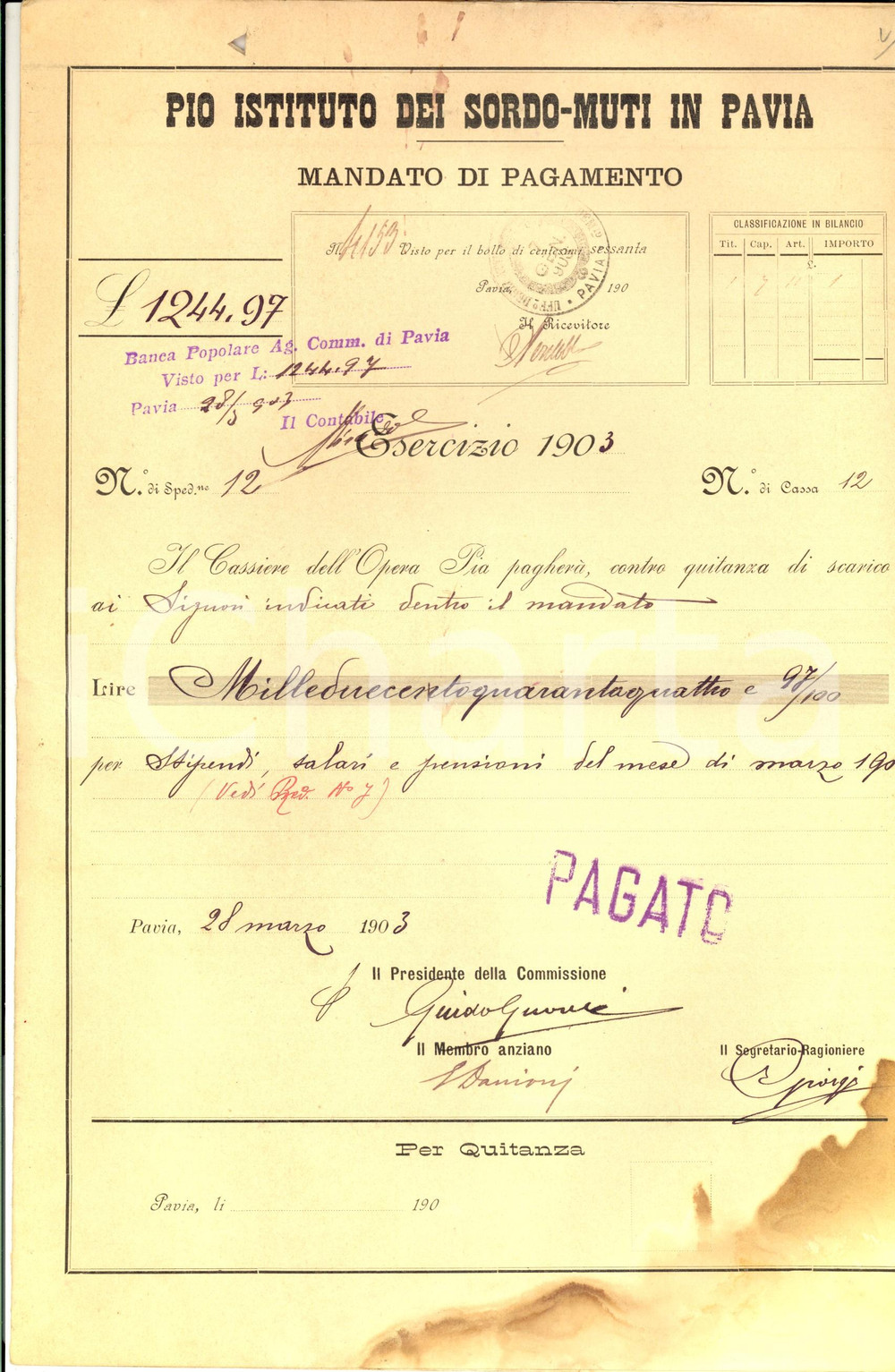 Documento originale, autentico 1903 PAVIA Pio Istituto Sordomuti  Mandato di pagamento per fornitori 8 1