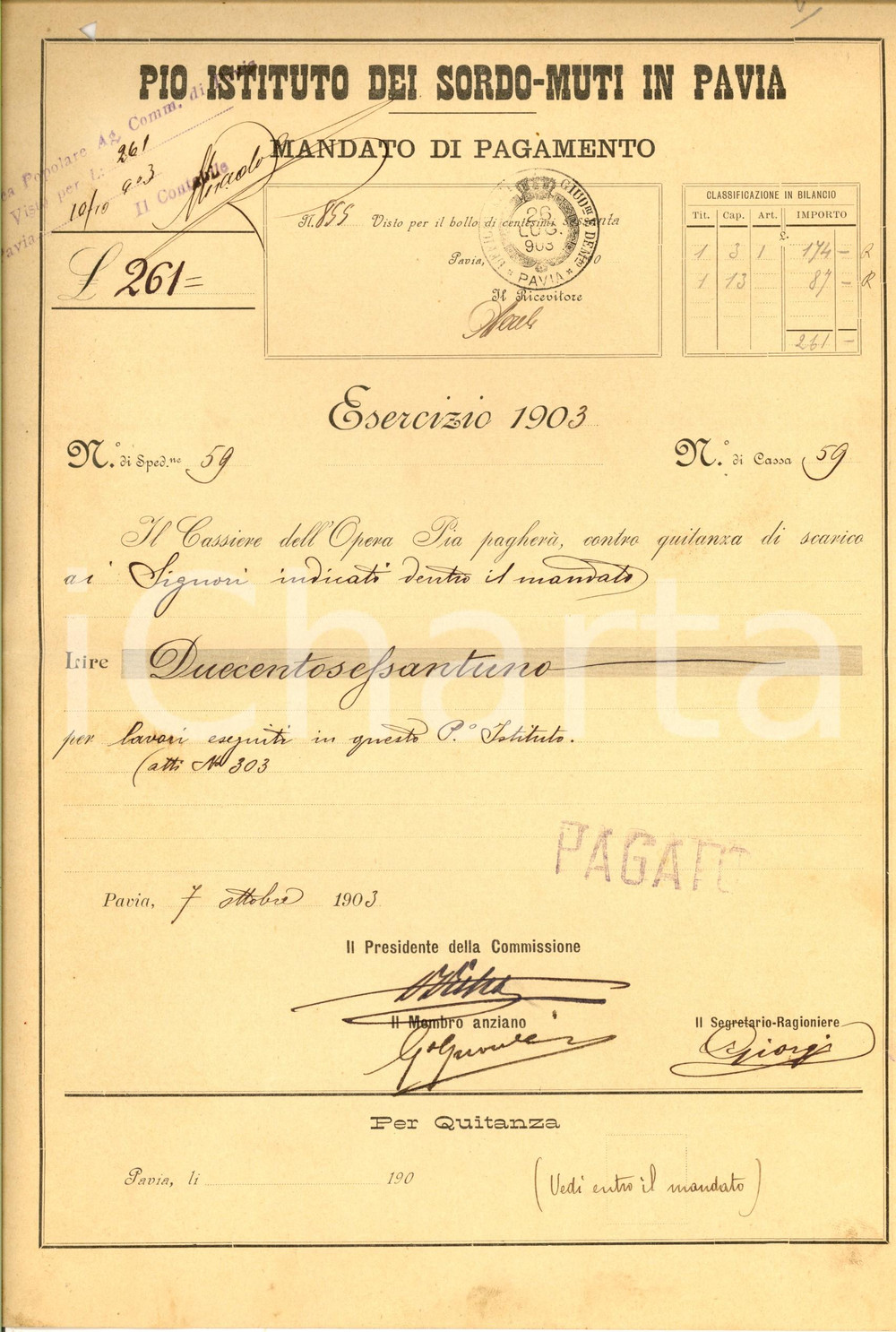 Documento originale, autentico 1903 PAVIA Pio Istituto Sordomuti  Mandato di pagamento per fornitori 9 1
