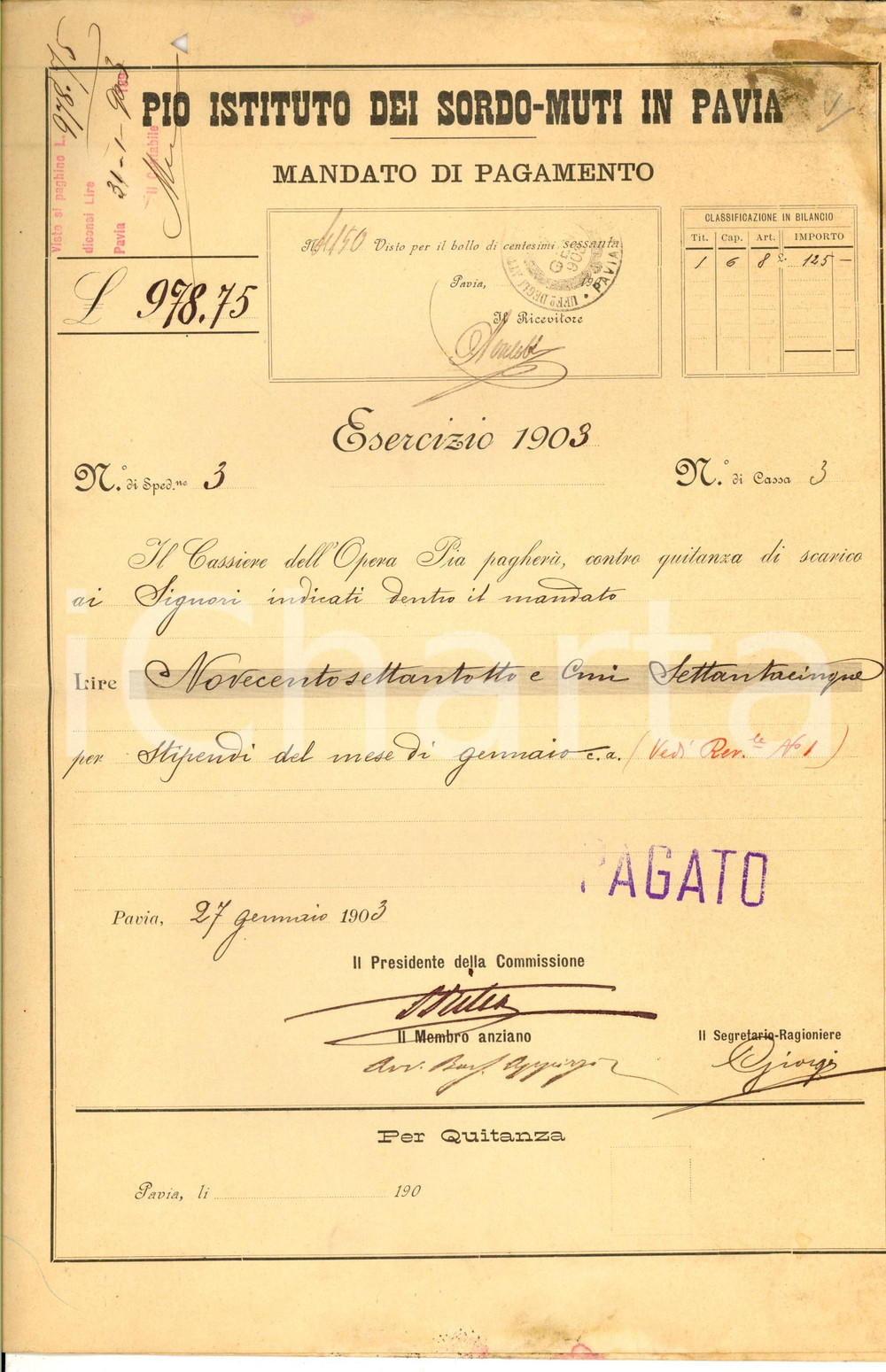 Documento originale, autentico 1903 PAVIA Pio Istituto Sordomuti  Mandato di pagamento per fornitori 2 1