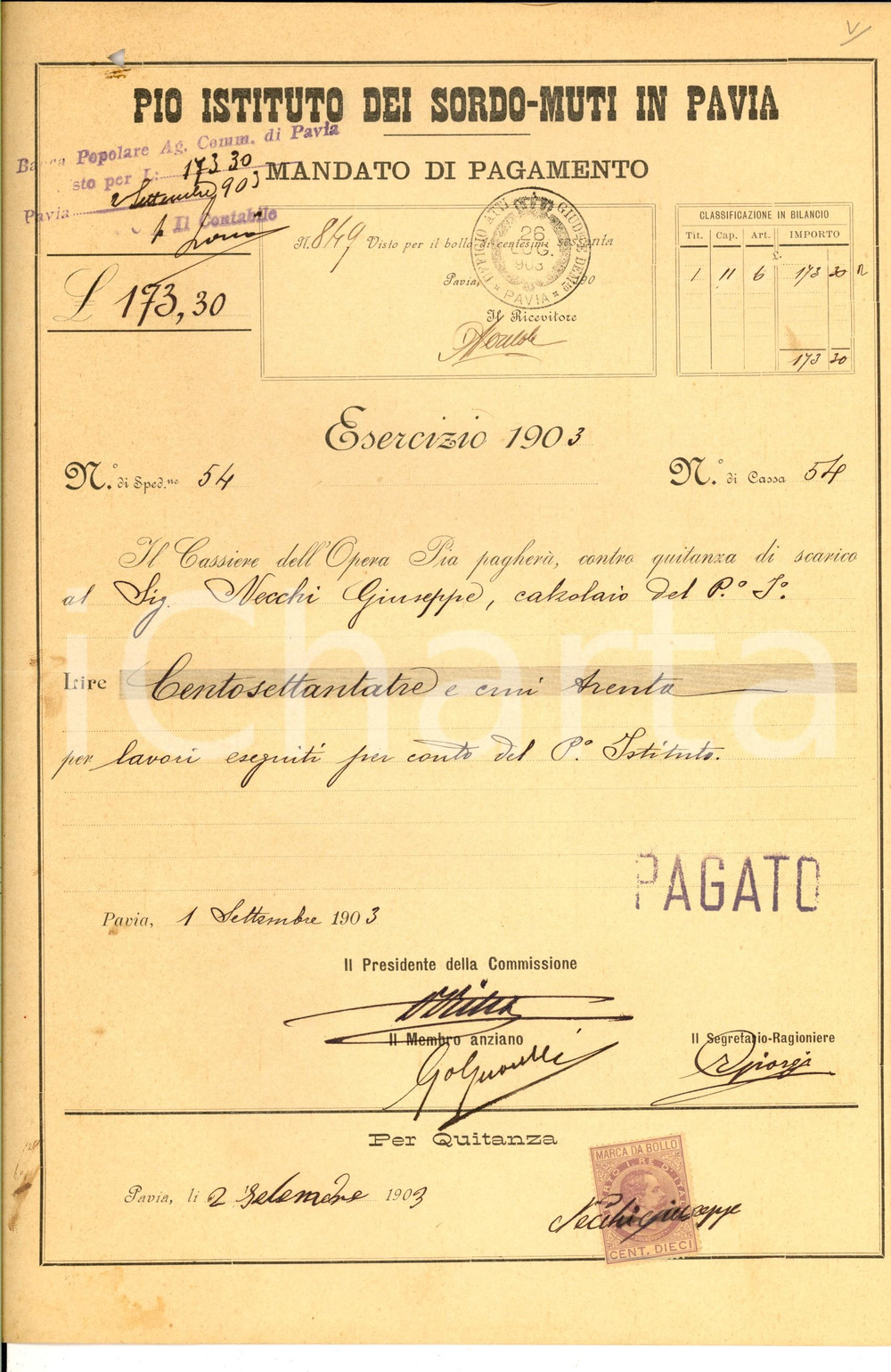 1903 PAVIA Pio Istituto Sordomuti - Mandato di pagamento per fornitori 3   CONDIZIONI: FAIR    originale e autentica 1