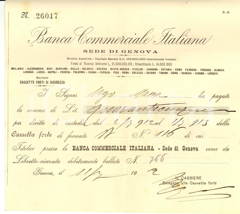 Documento originale, autentico 1913 GENOVA Banca COMMERCIALE ITALIANA Custodia cassetta sicurezza 1