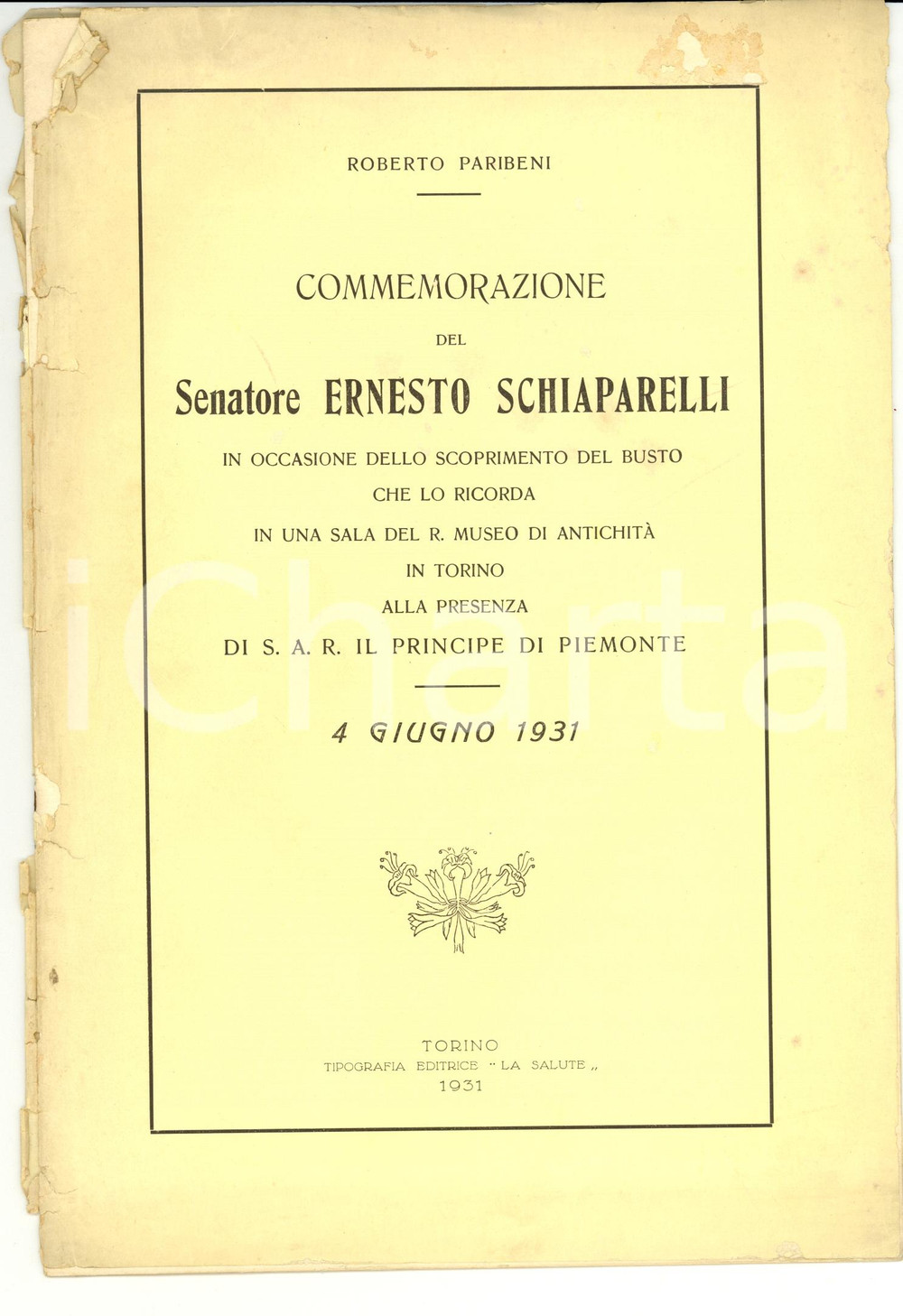 Libro, pubblicazione d epoca 1936 Roberto PARIBENI Commemorazione del senatore Ernesto SCHIAPARELLI 1